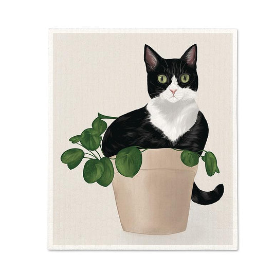 Cat in Plant Swedish Dishcloth