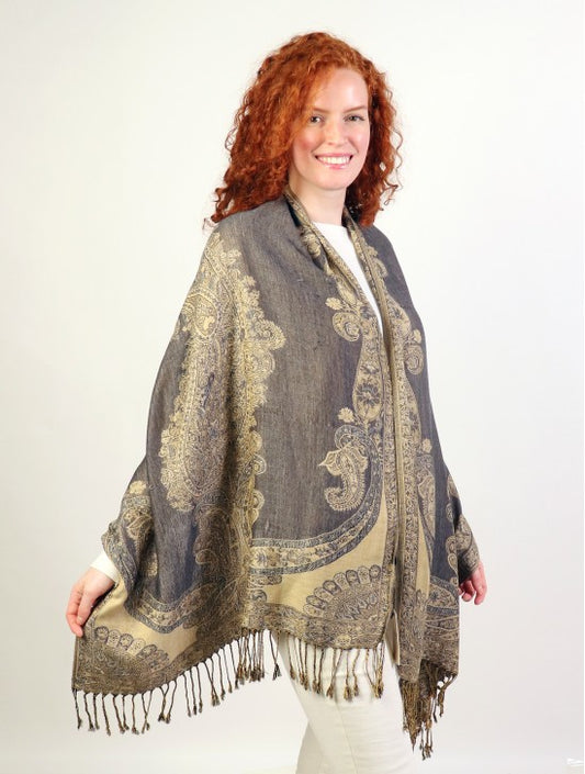 Pashmina - Grey & Gold Paisley Print