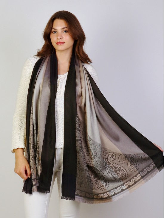 Pashmina - Grey & Beige Paisley Print