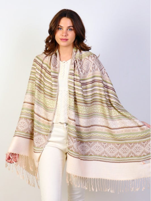 Pashmina - Beige & Green Striped Print