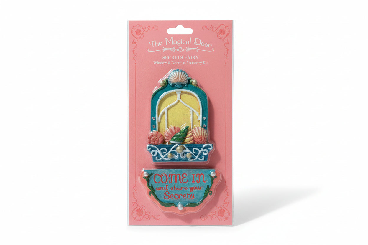 Colorful fairy window and door accessory kit with shells, blue frame, and whimsical 'Come in' message.