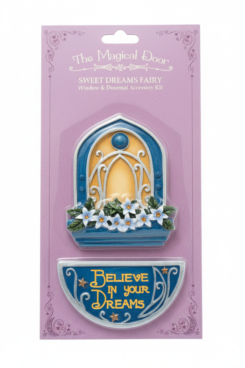 Sweet Dreams Fairy window and doormat accessory kit, featuring blue and yellow colors with floral designs.