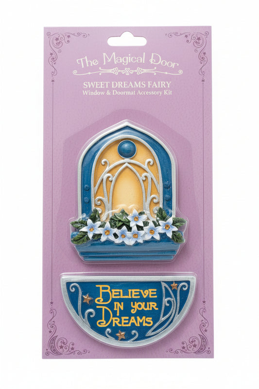 Sweet Dreams Fairy window and doormat accessory kit, featuring blue and yellow colors with floral designs.