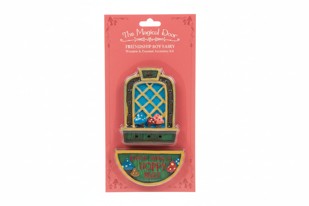 Magical door accessory kit featuring a colorful window and doormat with fairy theme, blue and green accents.